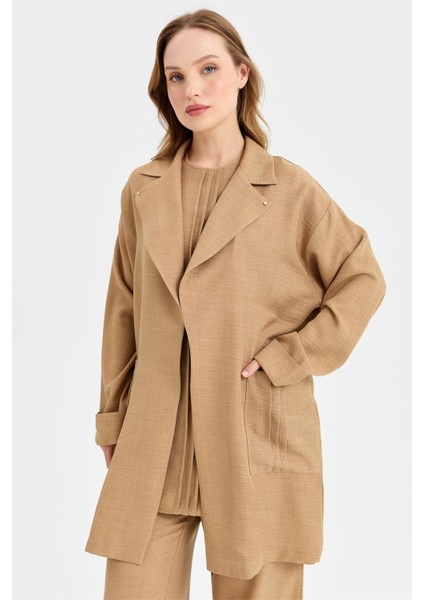 Kırma Detaylı Bluz Ceket Pantolon Takım Camel