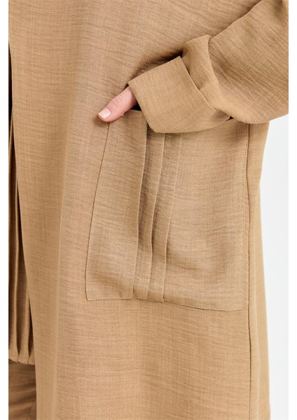 Kırma Detaylı Bluz Ceket Pantolon Takım Camel