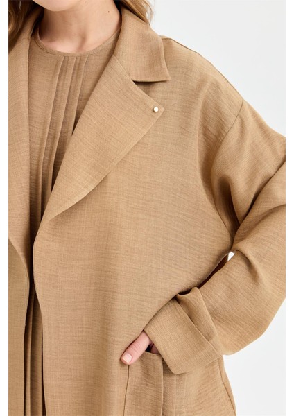 Kırma Detaylı Bluz Ceket Pantolon Takım Camel