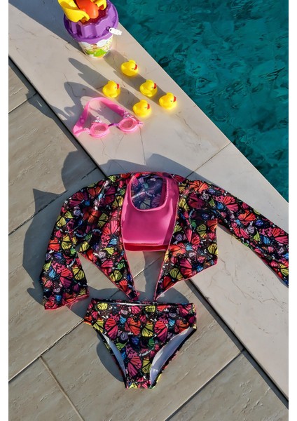 Kız Çocuk Kelebek Desenli Pareolu Bikini Takımı 3'lü Set