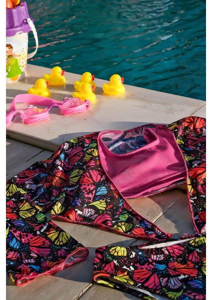 Kız Çocuk Kelebek Desenli Pareolu Bikini Takımı 3'lü Set fiyatları