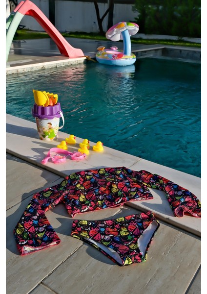 Kız Çocuk Kelebek Desenli Pareolu Bikini Takımı 3'lü Set modelleri