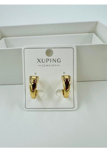 Xupıng Jewelry 14 Ayar Altın Kaplama,zirkon Taşlı Bombeli Gold Küpe