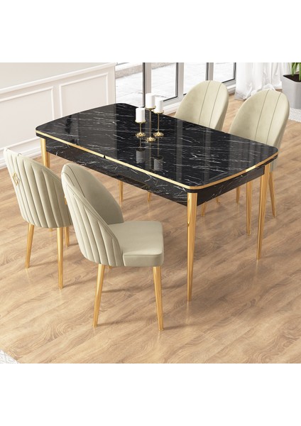 Edaf Serisi 80X132 Açılabilir Siyah Mermer Desen Mutfak Masa Takımı 4 Sandalye Gold Detay
