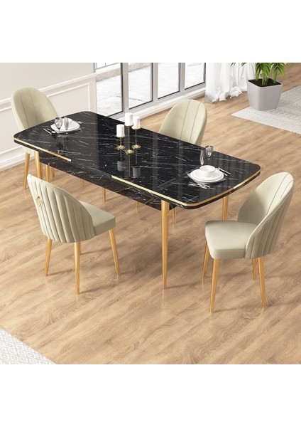 Edaf Serisi 80X132 Açılabilir Siyah Mermer Desen Mutfak Masa Takımı 4 Sandalye Gold Detay fiyatları