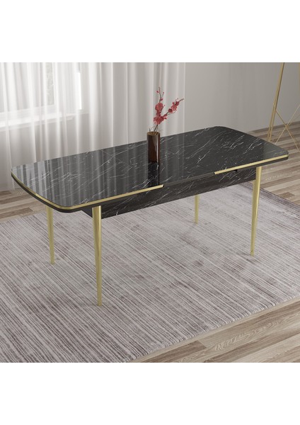 Edaf Serisi 80X132 Açılabilir Siyah Mermer Desen Mutfak Masa Takımı 4 Sandalye Gold Detay fırsatları