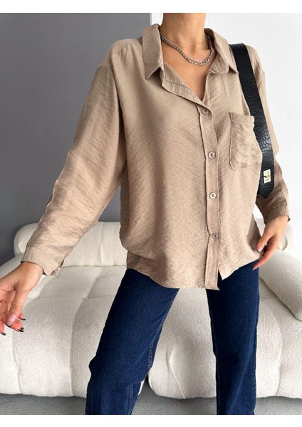 Kadın Düşük Omuz Tek Cepli Oversize Gömlek