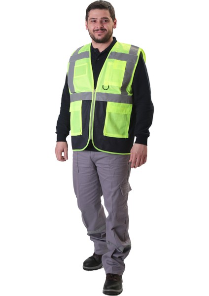 Ikaz Yeleği Mühendis Tipi Cepli Fosforlu Reflektörlü Sarı - Lacivert fırsatları