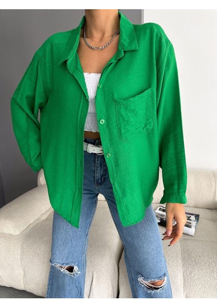 Kadın Düşük Omuz Tek Cepli Oversize Gömlek