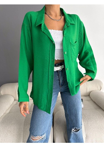 Kadın Düşük Omuz Tek Cepli Oversize Gömlek