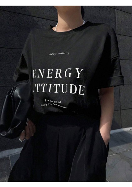 Kadın Siyah Energy Attitude Baskılı Oversize Tişört modelleri