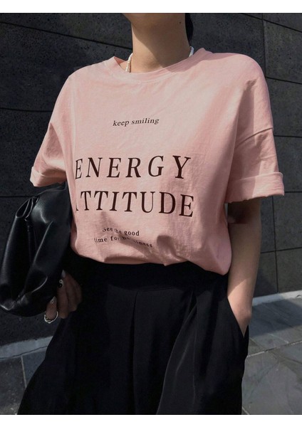 Kadın Pudra Energy Attitude Baskılı Oversize Tişört modelleri