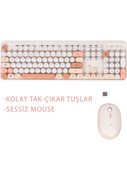 Renkli Tuşlu Kablosuz Türkçe Q Klavye+Mouse Seti