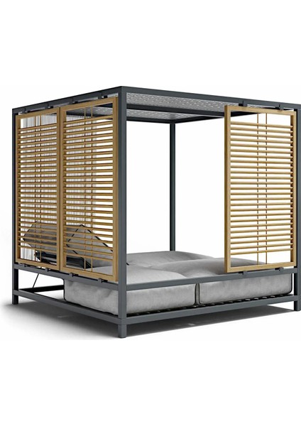 Hard Kare Havuz Başı Divan Iki Kişilik Şezlong Gölgelikli Metal Minderli Montajsız Pergola Daybed