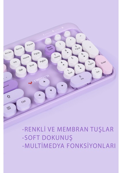 Twotech Renkli Tuşlu Kablosuz Türkçe Q Klavye+Mouse Seti