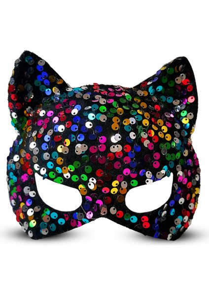 Hbp Avm Siyah Kadife Kumaş Üzerine Rengarenk Payetli Pullu Parti Maskesi 16X14 cm