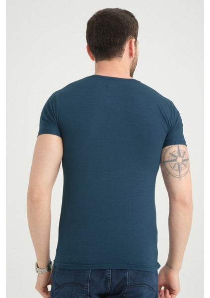 Erkek Çelik Mavi Bisiklet Yaka Likralı Pamuklu Kısa Kollu T Shirt fiyatları