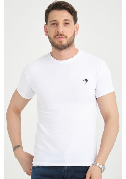 Erkek Beyaz Bisiklet Yaka Pamuklu Kısa Kollu T Shirt
