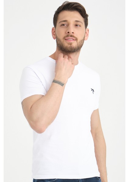 Erkek Beyaz Bisiklet Yaka Pamuklu Kısa Kollu T Shirt fiyatları