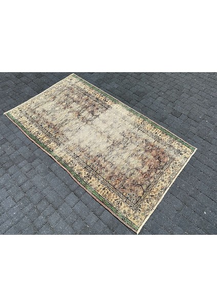El Dokuma Eskitme Isparta Halısı 110X193 Kahve Yeşil Vıntage Halı