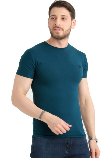 Erkek Çelik Mavi Bisiklet Yaka Likralı Pamuklu Kısa Kollu T Shirt