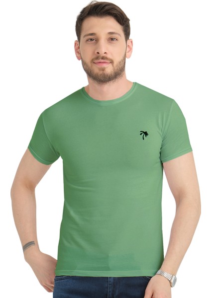 Erkek Pastel Yeşil Bisiklet Yaka Likralı Pamuklu Kısa Kollu T Shirt