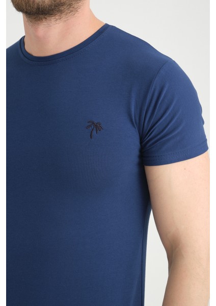 Erkek Gece Mavi Bisiklet Yaka Pamuklu Kısa Kollu T Shirt fırsatları