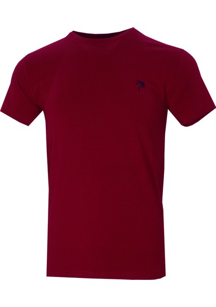 Erkek Koyu Bordo Bisiklet Yaka Likralı Pamuklu Kısa Kollu T Shirt