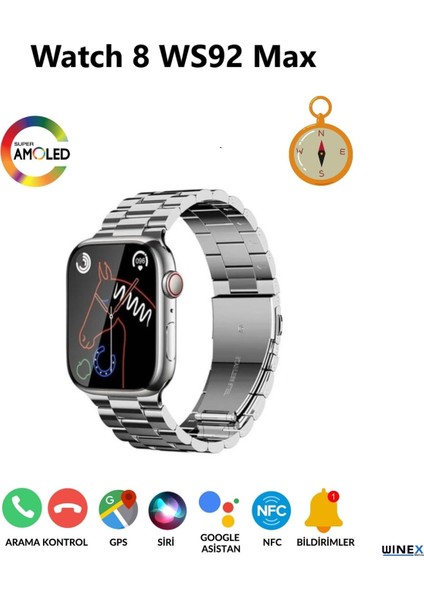 Watch 8 WS92 Max Amoled Ekran Android Ios Harmonyos Uyumlu Akıllı Saat Gümüş WNE0954