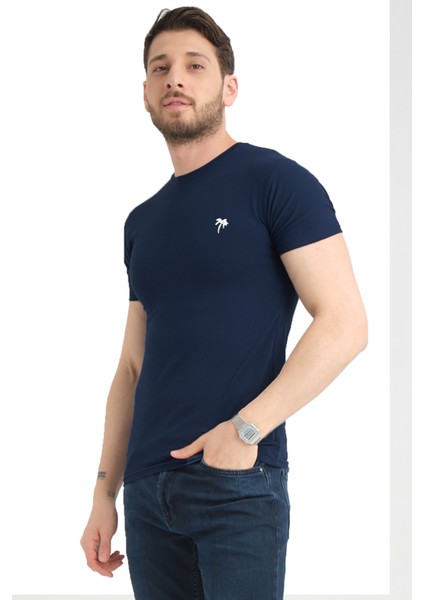 Erkek Koyu Lacivert Bisiklet Yaka Likralı Pamuklu Kısa Kollu T Shirt