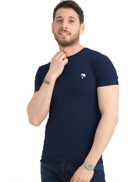 Erkek Koyu Lacivert Bisiklet Yaka Likralı Pamuklu Kısa Kollu T Shirt fiyatları