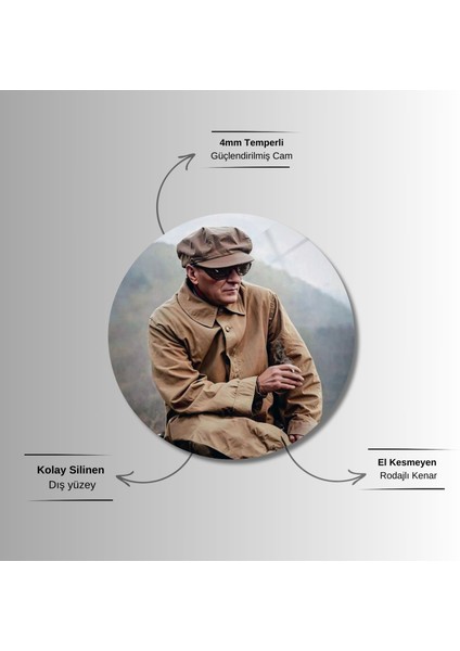 Yuvarlak Temperli Gerçek Cam Tablo Karizmatik Atatürk fırsatları