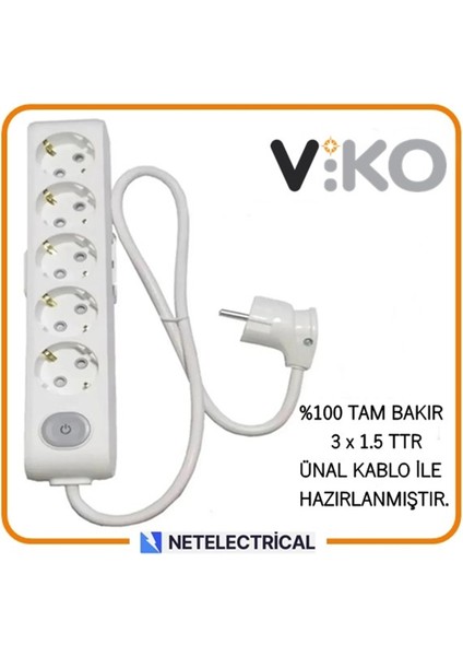 Multi-Let 5'li Anahtarlı 5 Metre Topraklı Çocuk Korumalı Kablolu Grup Priz