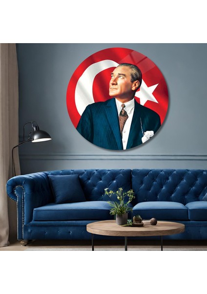 Yuvarlak Temperli Gerçek Cam Tablo Bayrak ve Atatürk Portresi