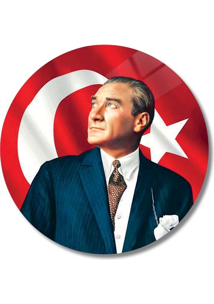 Yuvarlak Temperli Gerçek Cam Tablo Bayrak ve Atatürk Portresi fiyatları