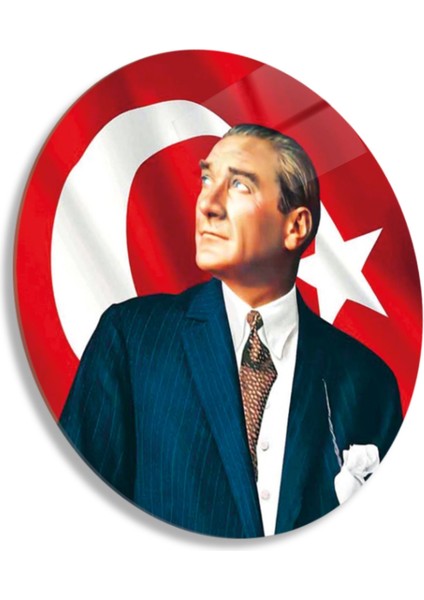 Yuvarlak Temperli Gerçek Cam Tablo Bayrak ve Atatürk Portresi modelleri