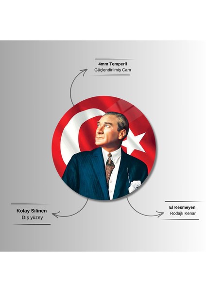 Yuvarlak Temperli Gerçek Cam Tablo Bayrak ve Atatürk Portresi fırsatları