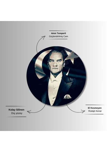 Yuvarlak Temperli Gerçek Cam Tablo Ay Yıldız ve Atatürk fırsatları