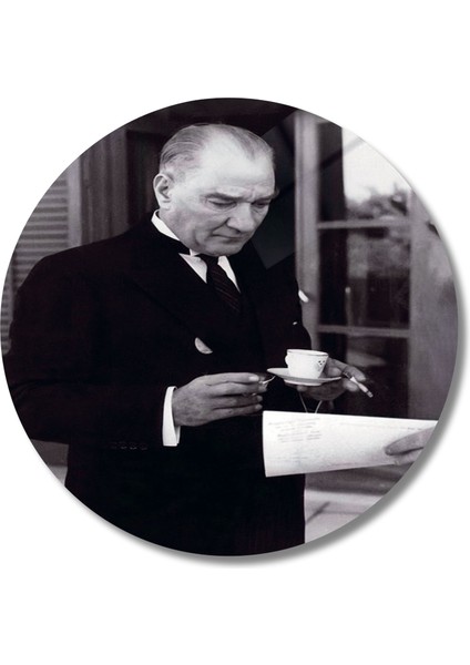 Yuvarlak Temperli Gerçek Cam Tablo Kahve Içen Atatürk fiyatları