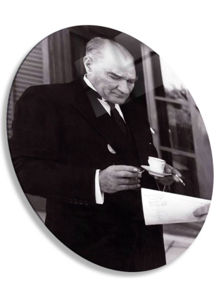 Yuvarlak Temperli Gerçek Cam Tablo Kahve Içen Atatürk modelleri