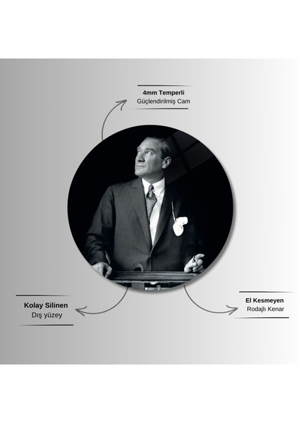 Yuvarlak Temperli Gerçek Cam Tablo Yukarı Bakan Atatürk fırsatları