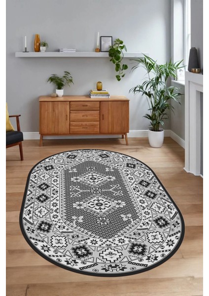 Dijital Baskılı Kaymaz Yıkanabilir Etnik Oval Yolluk Mutfak Salon Halısı, N-O-Etnik-08-Gri,