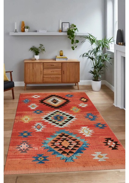 Dijital Baskılı Kaymaz Taban Yıkanabilir Etnik Yolluk Mutfak Salon Halısı, N-Etnik-01-Kırmızı,