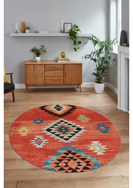 Dijital Baskılı Kaymaz Yıkanabilir Etnik Desen Yuvarlak Mutfak Salon Halısı, N-Y-Etnik-01-Kırmızı,