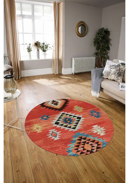 Dijital Baskılı Kaymaz Yıkanabilir Etnik Desen Yuvarlak Mutfak Salon Halısı, N-Y-Etnik-01-Kırmızı, fırsatları