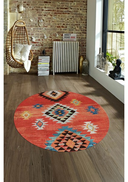 Dijital Baskılı Kaymaz Yıkanabilir Etnik Desen Yuvarlak Mutfak Salon Halısı, N-Y-Etnik-01-Kırmızı, indirimleri
