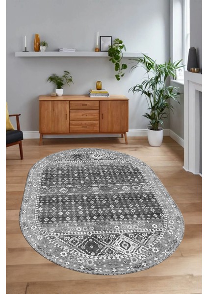 Dijital Baskılı Kaymaz Yıkanabilir Etnik Oval Yolluk Mutfak Salon Halısı, N-O-Etnik-17-Gri,