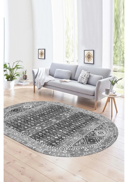 Dijital Baskılı Kaymaz Yıkanabilir Etnik Oval Yolluk Mutfak Salon Halısı, N-O-Etnik-17-Gri,