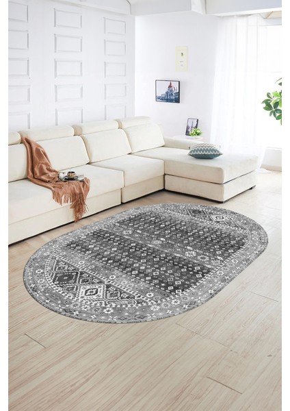 Dijital Baskılı Kaymaz Yıkanabilir Etnik Oval Yolluk Mutfak Salon Halısı, N-O-Etnik-17-Gri,
