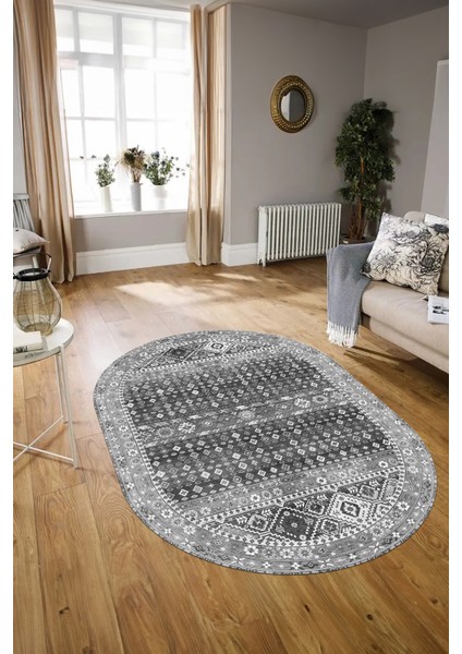 Dijital Baskılı Kaymaz Yıkanabilir Etnik Oval Yolluk Mutfak Salon Halısı, N-O-Etnik-17-Gri,